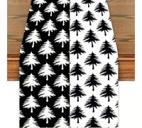 Treer Christmas Table Runner Rectangle 3D Christmas Tree Print Xmas Table Runner Linen Washable Farmhouse Table Centrepiece Festival Kitchen Dining Party Decorations (Black White,33×180cm)