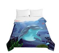Treer Coverless Duvet, Lightweight Single/Double/King Size Duvet,Washable Quilted Bedspread with Cotton Filling, 3D Dolphins Printing Quilt for Spring Summer Season (Dolphin2,150x200cm)
