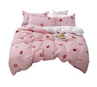 Treer Double Duvet Cover Sets Pillowcases 3Pcs Polyester, Single Super King Bedding Soft Comfortable, 2* matching pillowcases, Bright Color, Clear Printing (Red strawberry,Queen)