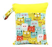 Treer Dry Wet Bag Baby Nappy Organizer Bag Large Double Zipper Reusable Waterproof Cute Animals Print Baby Carriage Hanging Bag, for Soiled Baby Items or Wet Clothes Storage (Yellow Cat)