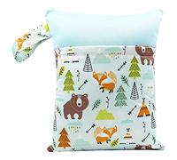 Treer Dry Wet Bag Baby Nappy Organizer Bag Large Double Zipper Reusable Waterproof Cute Animals Print Baby Carriage Hanging Bag, for Soiled Baby Items or Wet Clothes Storage (Nordic Forest)