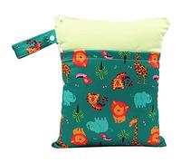 Treer Dry Wet Bag Baby Nappy Organizer Bag Large Double Zipper Reusable Waterproof Cute Animals Print Baby Carriage Hanging Bag, for Soiled Baby Items or Wet Clothes Storage (Green Zoo)