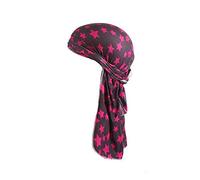 Treer Durag for Men Women, Long Tail Durag Headwraps Unisex Sport Cap Pirate Bandanas Turban for 360 Waves (Rose red star,One size)