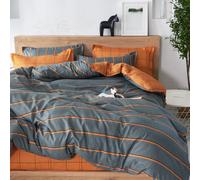 Treer Duvet Cover Set 3 Pieces, Single Double King Bedding Set Microfiber Modern Plaid Stripes Soft Duvet Set with Zipper Closure Quilt Case and 2 Pillowcases (Orange Gray,135x200cm)