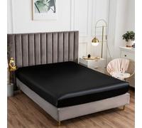 Treer Fitted Sheet with Elastic Edges Single Double Super King Bed, Soft Breathable Satin Fitted Sheet with Extra Deep Pocket 12 inch (30 cm) Machine Washable for Room Decor (90 * 190cm,Black)
