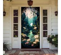 Treer Front Door Decoration Outside All Year Cover Porch, Elastic Fabric Door Cover for Decorating Stretch Gate Covering for Interior, External Festive Season House (Pond Lotus Flowers,90x210cm)