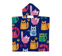 Treer Kids Hooded Towel Poncho, Children's Cartoon Cat Print Light Weight Microfiber Changing Robe hooded Boys Girls Hooded Towelling Poncho Surf Wetsuit Changing (Blue,25.6x29.5 in)