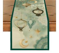 Treer Linen Table Runner Eid Mubarak Ramadan Stars Moon Lanterns Floral Decorations Tablecloth Long Linen Ramadan Mubarak Table Runner for Islam Muslim Home Dinning Room (Green,33x150cm)