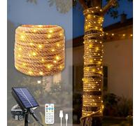 Treer Outdoor Garden Solar String Lights 6mm Hemp Rope USB & Solar Powered Copper Wire Fairy Lights with Remote, 8 Modes Lighting for Pergola, Patio, Swing, Tree, Wedding (Warm White,9.5M 100LED)