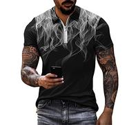 Treer Polo Shirts for Men Adult Short Sleeve Printed T-Shirts Casual 3D Fashion Flame Pattern Summer Polo T Shirt Top Zipper Tennis Golf Polo Shirt Turn Down Collar Blouses T-Shirts Grey
