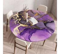 Treer Round Tablecloth Protector 3D Marble Effect Wipeable Round Table Cloth, Elastic Edged Fitted Backed Table Cover Washable for Dinning Room Kitchen Picnic Party (Purple,110cm)