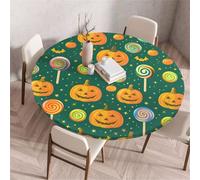 Treer Round Tablecloth, Spooky Pumpkin Pattern Wipeable Round Table Cloth, Washable Table Protector, Elastic Edged Fitted Backed Table Cover for Dinning Room Kitchen Picnic Party (Green,150cm)