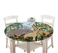 Treer Round Tablecloth Waterproof Wipeable, 3D Animal Print Circular Tablecloths Fitted Elastic Edged Table Cover Decoration for Kitchen Picnic Outdoor Indoor (Giraffe,Diameter 100cm)