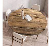 Treer Round Tablecloth, Wooden Board Texture Wipeable Round Table Cloth, Washable Table Protector, Elastic Edged Fitted Backed Table Cover for Dinning Room Kitchen Picnic Party (Brown,150cm)