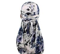 Treer Silk Durag for Men Women, Long Tail Durag Headwraps Unisex Sport Cap Pirate Bandanas Turban for 360 Waves, Bohemian print (One size,White retro)