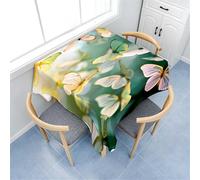 Treer Square Table Cloth, Oil Painting Butterfly Wipe Clean Tablecloth, Splash Proof Tablecloths, Washable Table Cloths for Kitchen Decoration Outdoor Picnic Birthday Wedding (Green,140x140cm)