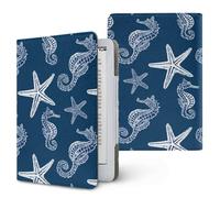 Treer Universal 6.8-7 Inch eReader Protective Case for Kindle Paperwhite for iReader Ocean, Starfish Printed PU Leather Cover with Stand, Card Slot & Elastic Hand Strap (dark blue)