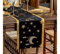 Treer Velvet Table Runner Golden Stars Moon Eid Mubarak Ramadan Decorations Tablecloth Long Velvet Ramadan Mubarak Table Runner for Islam Muslim Home Dinning Room (Black Gold,33x210cm)