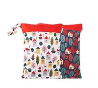 Treer Wet Dry Bag 2 PCS Baby Cloth Nappy Bag Large Washable Reusable Hanging Double Zipper Diaper Bag Print Waterproof Organizer Bag for Daycare Travel Beach Pool (Red House,30x40cm)