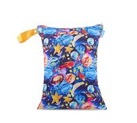Treer Wet Dry Bags Stylish Cartoon Print Waterproof Baby Diaper Bag Two Zipper Pockets Reusable Portable Nappy Bags Wet Clothes Organizer for Travel, Beach, Pool, Daycare (Blue Universe)