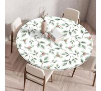 Treer Wipeable Table Cloth New Year Christmas Print Round Tablecloth Protector, Elastic Edged Fitted Backed Splash-Proof Table Cover Washable for Dining Room Kitchen Picnic (Holly,90cm)