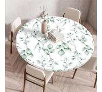 Treer Wipeable Table Cloth Round Tablecloth Protector, Green Leaf Print Elastic Edged Fitted Backed Splash-Proof Table Cover Washable for Dinning Room Kitchen Picnic Party (Branches Leaves,90cm)