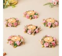 Treeratan Handmade Multicolour Flower Tealight Candle Holder Set of 6 with Wax Candles - Decorative Diya for Diwali, Festive Home Decor, Rangoli, and Gifts