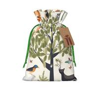 Trees and Animals Printed Christmas Drawstring Bags,S | Reusable Xmas Gift Storage Bags, Green Christmas Ribbon
