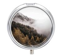 Trees and Mountain Landscape Travel Pill Box with 3 Compartments | Small Metal Pill Case with Mirror, Portable Daily Pill Organizer, Mini Medicine Holder for