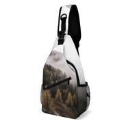 Trees And Mountain Surrounded Sling Bag with Rfid Blocking Causal Mens Crossbody Bag Lightweight Chest Pack Large Man Purse Travel Crossbody Backpack Shoulder Sling Backpack for Hiking Running Cycling