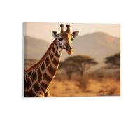 Trees And Mountains Wall Decor Poster, Giraffe in Autumn Grassland Framed Canvas Wall Art for Bathroom Kid's Room, Funny Fall Scene Artworks, Thanks Giving Gifts, 20x25CM
