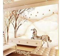 Trees Animals Horses Flying Birds Marble Like Modern 3D Wallpaper Premium Textured Silk Neutral Tones Material Ideal for Living Room Bedroom-300cm×210cm