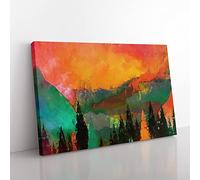 Trees At The Foot Of A Setting Sun In Abstract Modern Art Canvas Wall Art Print Ready to Hang, Framed Picture for Living Room Bedroom Home Office Décor, 76x50 cm (30x20 Inch)