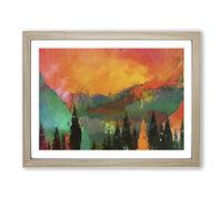 Trees At The Foot Of A Setting Sun In Abstract Modern Art Framed Wall Art Print, Ready to Hang Picture for Living Room Bedroom Home Office Décor, Oak A4 (34 x 25 cm)