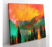 Trees at the Foot of a Setting Sun in Abstract Modern Canvas Wall Art Print Ready to Hang, Framed Picture for Living Room Bedroom Home Office Décor, 50x50 cm (20x20 Inch)