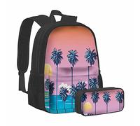 Trees Backpack Sunset Palm Horizon Island Beach Scene Sun Sky Blue School Bookbag with Pencil Case