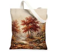 Trees Canvas Tote Bag, Nature Rustic Cabin River Fall Red Small Tote Bag 13x15 Inch, Red, 13x15 Inch