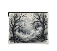 Trees Canvas with Zipper, Gothic Fanciful Fog Branches Fall Black Portable with Zipper Toiletry Travel Bag for Travel, Purse, Bathroom, Vanity and Daily Storage, Black, 7x9 Inch, Gothic