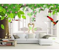 Trees Green Leaves Flowers Birds Swans 3D Wallpaper Easy Install Feature Office Living Room Sofa Bedroom TV Background Wall Decoration-430cm×300cm