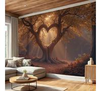 Trees Heart-Shaped Wallpaper - Fantasy Romance Wall Mural for TV and Sofa Background, Non-Woven Art Print Decoration Yellow Wallpaper, for Living Room Bathroom Hallway, 400 x 280 cm