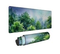 Trees Large Mouse Pad, Nature Watercolor Birds Sky Spring Green Rubber Washable Keyboard and Mousepad Idea for Home Office Desk Laptop Gamers Gift 12x32 Inch