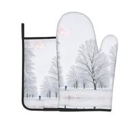 Trees On Snowy Days Print Oven Mitts and Pot Holders Sets Waterproof Kitchen Mitts with Storage Rope for Microwave, Stove, and Outdoor BBQ
