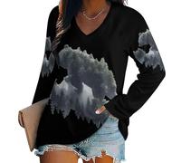 Trees Reflection Wildlife Nature Animal Bear Women's V Neck T-Shirt Long Sleeve Tunic Tops Casual Basic Blouses