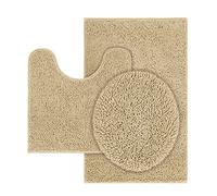 TREETONE Chenille Bath Mat 3 Pieces Bathroom Rugs Set, 20x20 Inches U-Shape Contoured Toilet Mat & 20x32 Inches Rug & Lid Cover,Water Absorbent Plush Rugs for Tub Shower & Bath Room -Beige