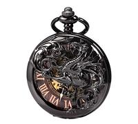 TREEWETO Antique Dragon Mechanical Skeleton Pocket Watch with Chain, Black, Mechanical