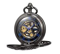 TREEWETO Antique Mechanical Pocket Watch Lucky Dragon Hollow Case Double Hunter Skeleton Dial with Chain + Gift Box