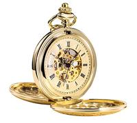 TREEWETO Antique Mens Pocket Watch Skeleton Mechanical Half Hunter Golden Case Roman Numerals