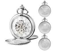 TREEWETO Mechanical Personalized Custom Print Pocket Watch Skeleton Double Silver Cover Roman Numerals Dial Personalized Gift for Men Gift for Dad Son