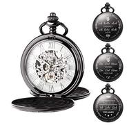TREEWETO Mechanical Personalized Engraved Pocket Watch Skeleton Black White Double Cover Roman Numerals Dial Personalized Gift with Box and Chain for Men Gift for Dad Son