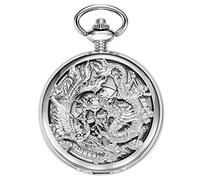 TREEWETO Mechanical Skeleton Pocket Watch Silver Lucky Dragon + Gift Box